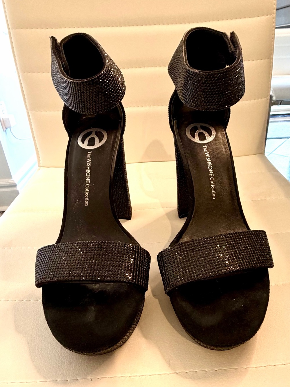 WISHBONE Black Sparkle Ankle-Strap Block Heels